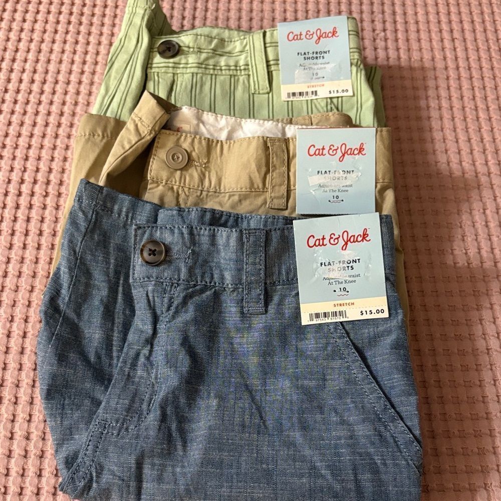 NWT 3 Pairs Cat & Jack Boys' Shorts Trio - Striped Green, Khaki, Denim Blue - Picture 5 of 5
